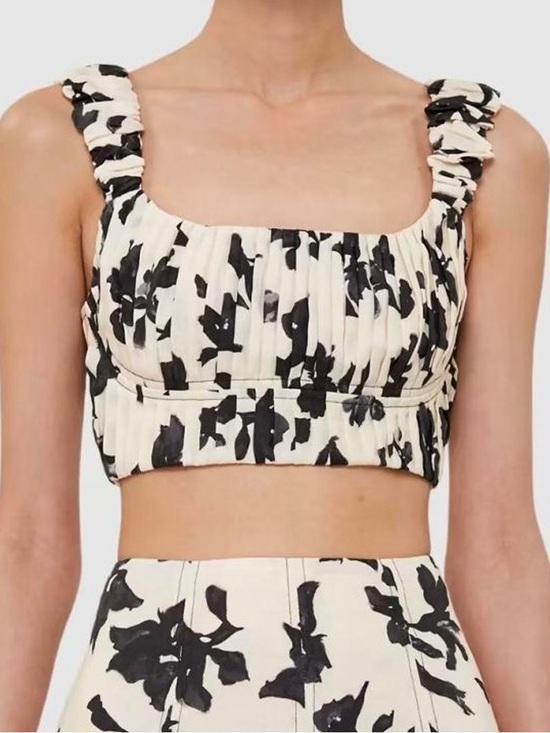 Saba Tops - Saba Ines Gathered Strap Floral Linen Bodice Cropped Tank Top